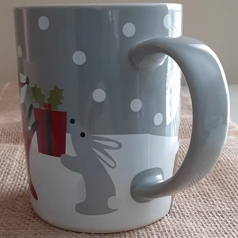 Crate & Barrel Winter Gift Fox Rabbit Snow Gray White Red 10 oz Ceramic